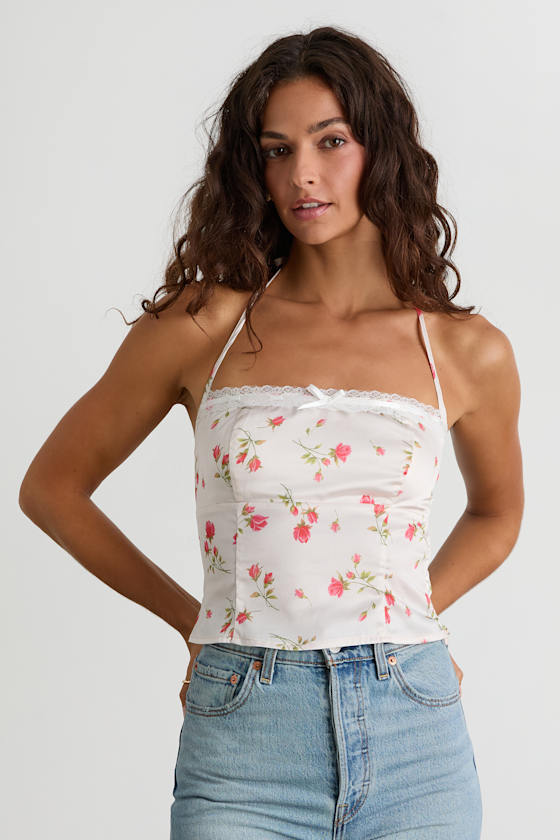 Demi White Floral Satin Halter Cami Top