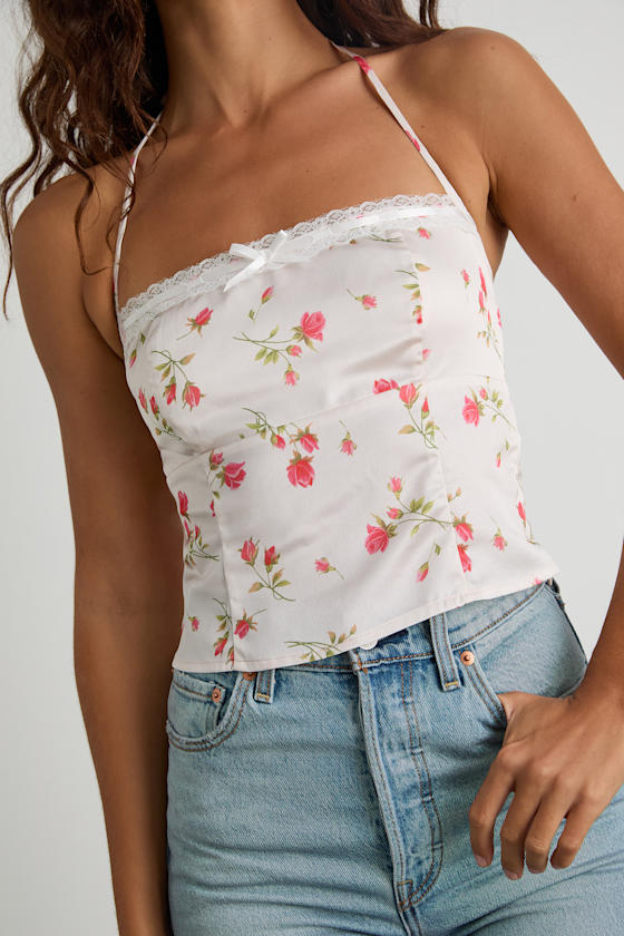 Demi White Floral Satin Halter Cami Top