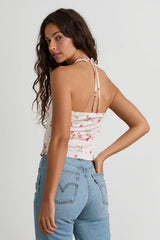 Demi White Floral Satin Halter Cami Top