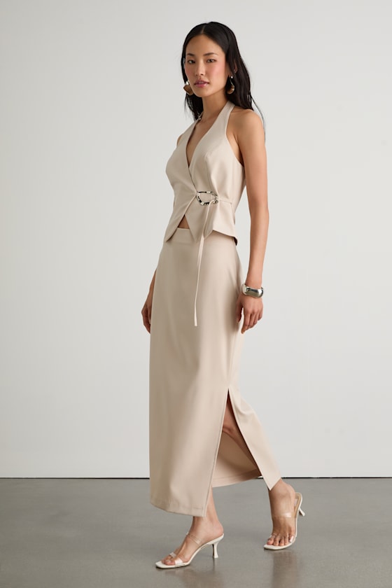 Virginia Beige Low-Rise Midi Skirt