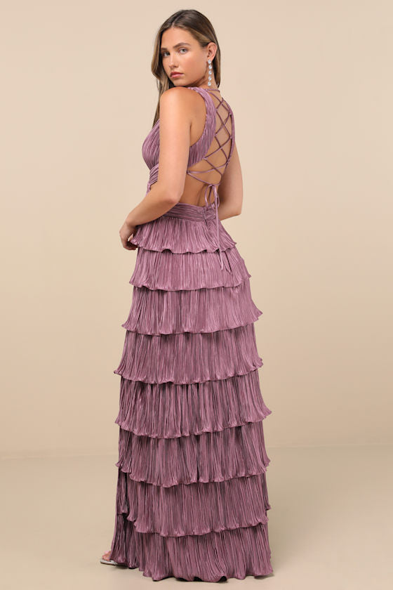 Beauty Icon Dusty Purple Satin Pleated Tiered Lace-Up Maxi Dress