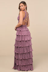 Beauty Icon Dusty Purple Satin Pleated Tiered Lace-Up Maxi Dress