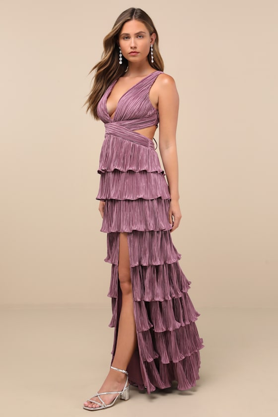 Beauty Icon Dusty Purple Satin Pleated Tiered Lace-Up Maxi Dress