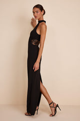 Vira Black Mock Neck Lace Cutout Maxi Dress