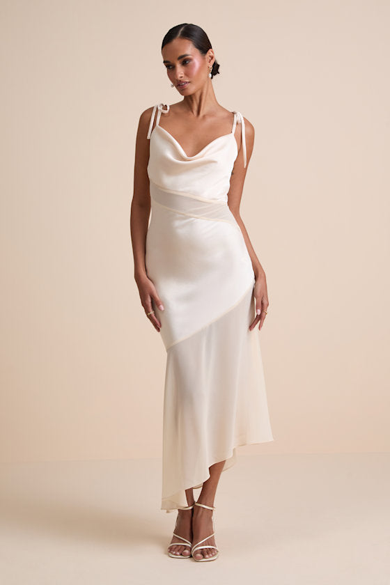Enara Cream Satin Mesh Tie-Strap Asymmetrical Midi Dress