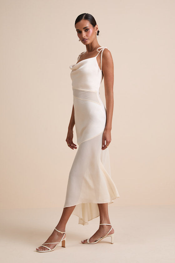 Enara Cream Satin Mesh Tie-Strap Asymmetrical Midi Dress