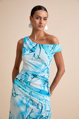 Jojo Light Blue Marbled Ruched One-Shoulder Maxi Dress