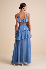 Dalena Dusty Blue Ruffled Lace Maxi Dress