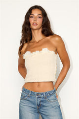 Cable Knit Blew Ivory Ruffled Strapless Crop Top