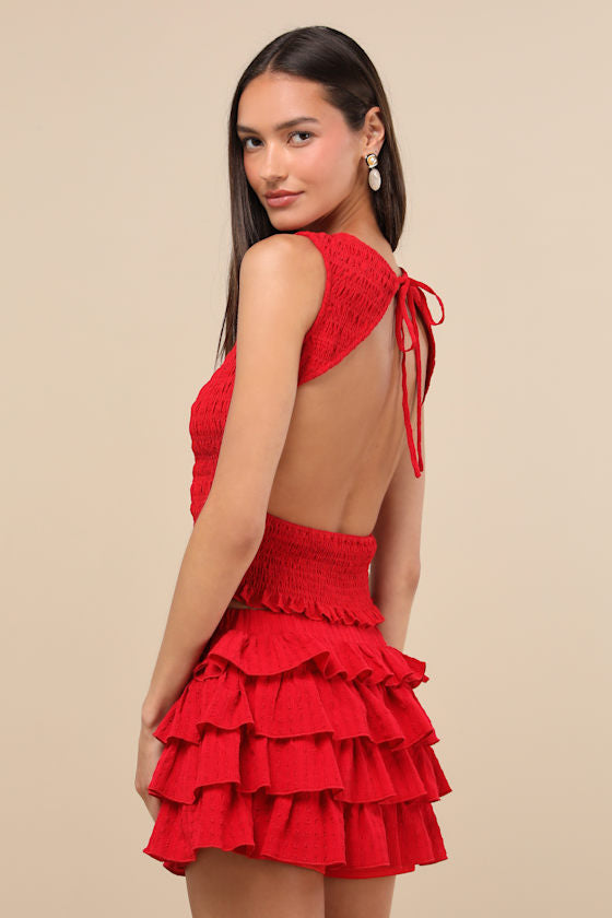 Izzy Red Smocked Tiered Two-Piece Skort Romper