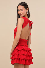 Izzy Red Smocked Tiered Two-Piece Skort Romper