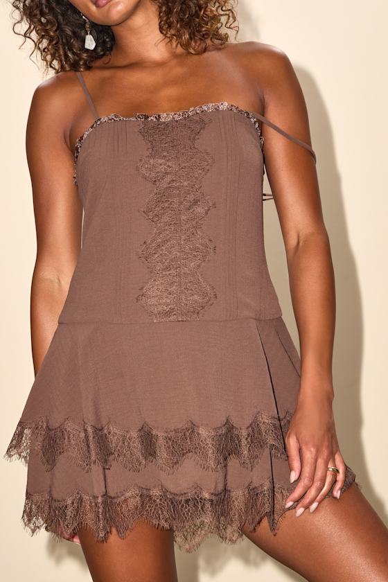 Sahima Brown Lace Tiered Mini Dress