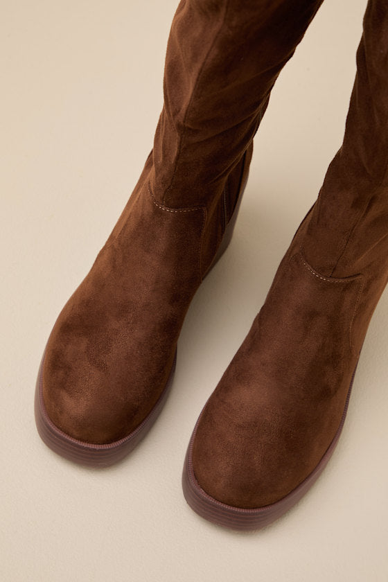 Go Girl Brown Suede Platform Knee High Boots