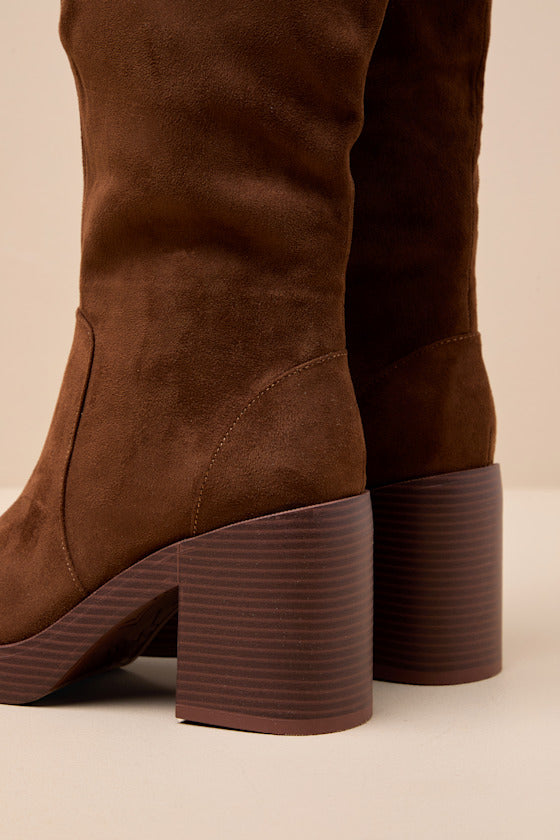 Go Girl Brown Suede Platform Knee High Boots