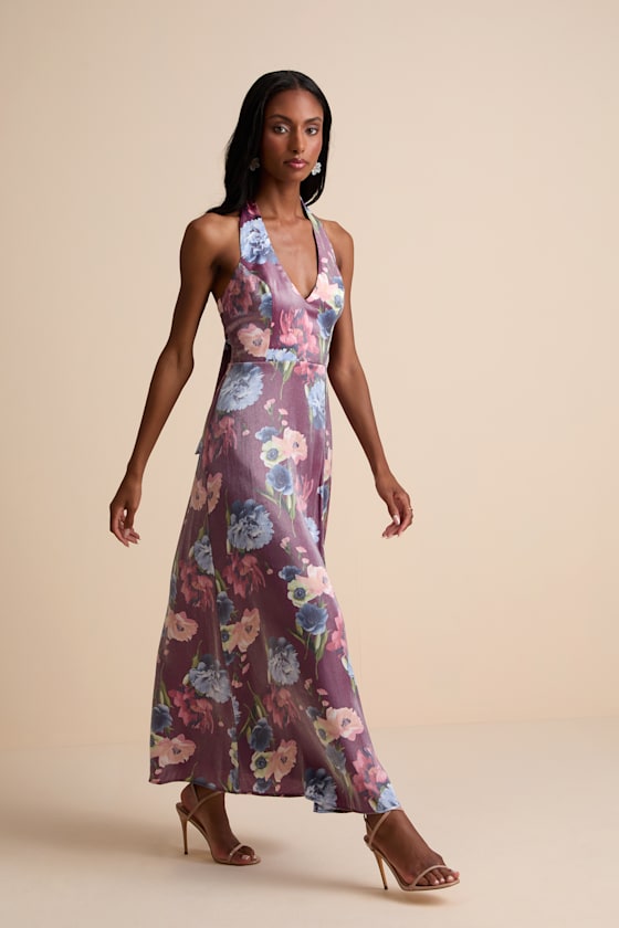 Liviana Dark Purple Floral Halter Maxi Dress
