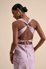 Liliya Lavender Satin Jacquard Backless Maxi Dress