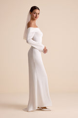 Saintclair White Satin Off-the-Shoulder Long Sleeve Maxi Dress