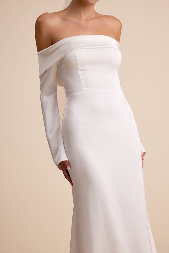 Saintclair White Satin Off-the-Shoulder Long Sleeve Maxi Dress