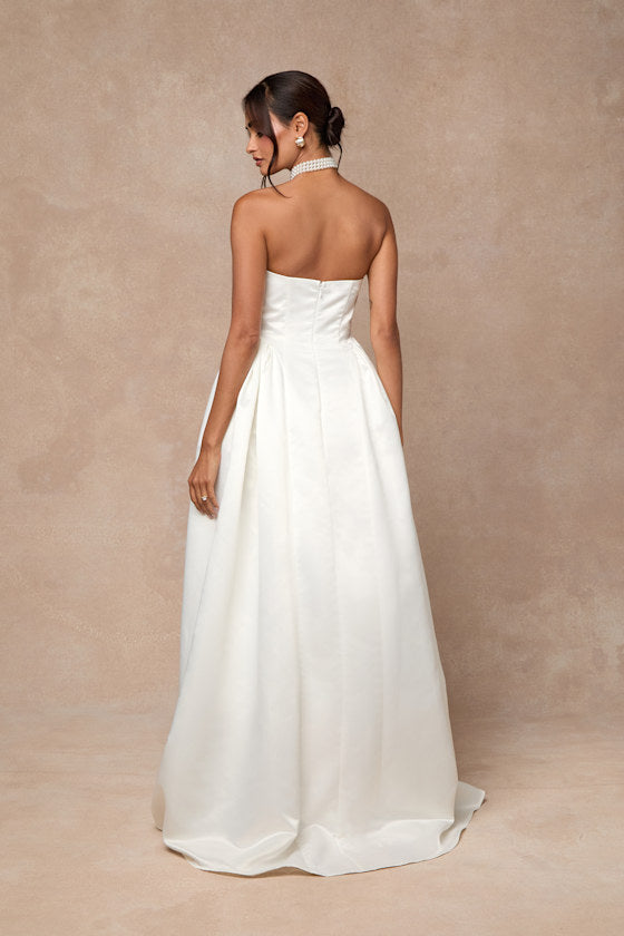Bennett White Satin Strapless A-Line Maxi Dress