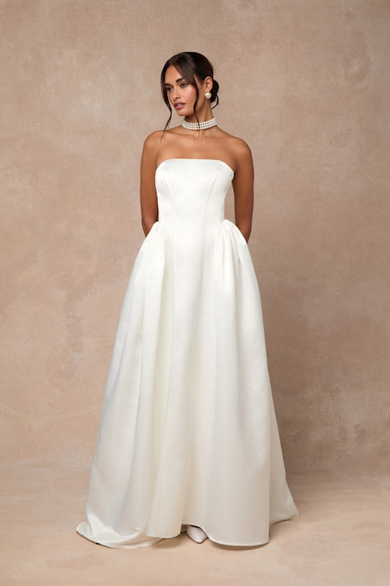 Bennett White Satin Strapless A-Line Maxi Dress