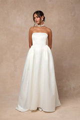 Bennett White Satin Strapless A-Line Maxi Dress