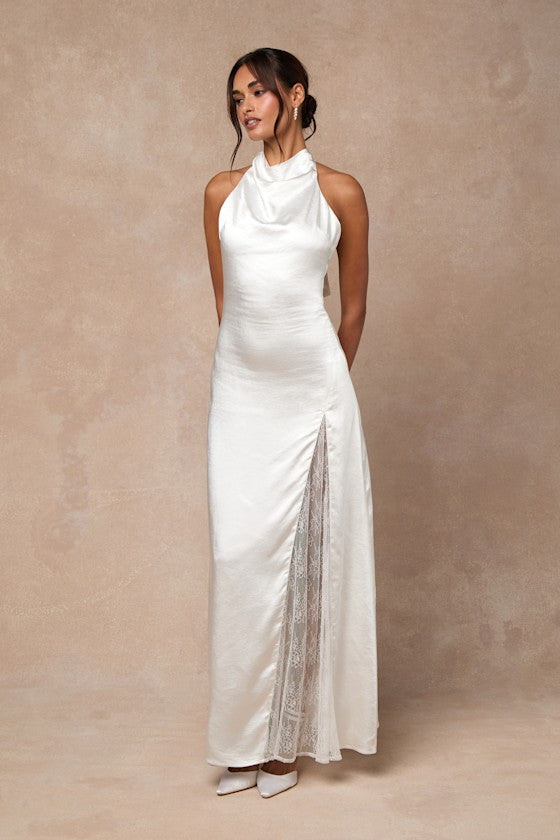Concetta Ivory Satin Lace Halter Maxi Dress
