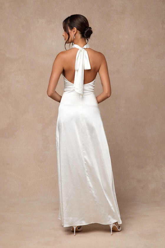 Concetta Ivory Satin Lace Halter Maxi Dress
