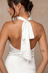 Concetta Ivory Satin Lace Halter Maxi Dress