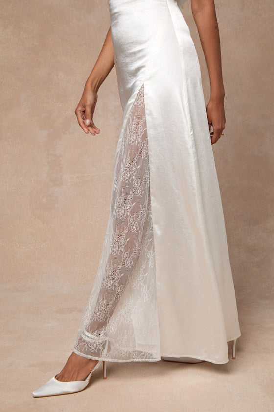 Concetta Ivory Satin Lace Halter Maxi Dress