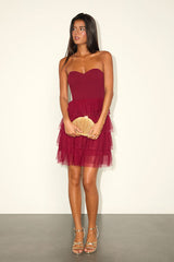 Fabulous Thoughts Wine Red Tulle Strapless Tiered Mini Dress