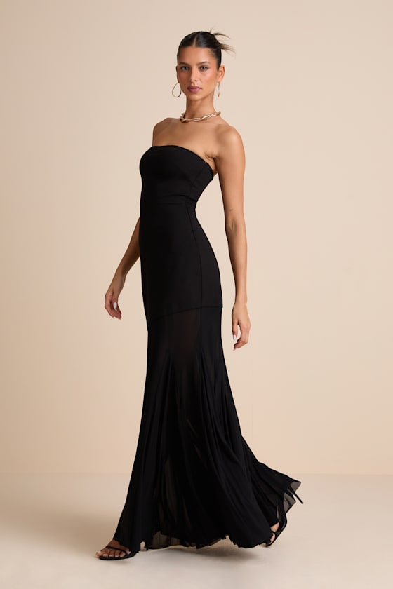 Elaris Black Mixed Media Strapless Maxi Dress
