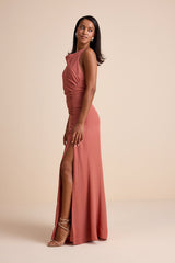 Mikaila Rusty Rose Cowl Neck Ruched Column Maxi Dress