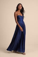 Kylin Navy Satin Basque Waist Maxi Dress
