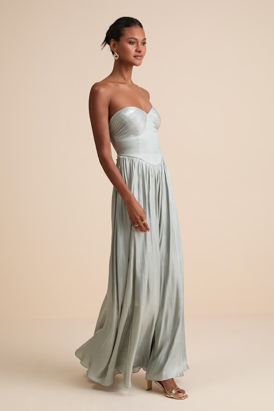 Kylin Sage Satin Basque Waist Maxi Dress