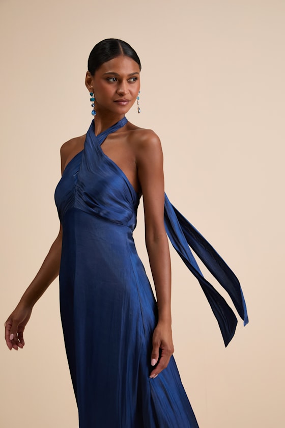 Canley Blue Satin Cross-Front Halter Maxi Dress