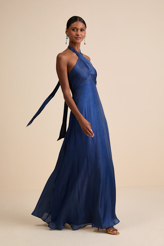 Canley Blue Satin Cross-Front Halter Maxi Dress