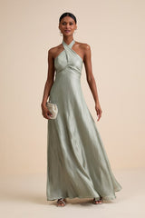 Canley Sage Satin Cross-Front Halter Maxi Dress