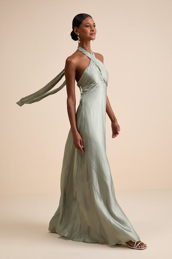 Canley Sage Satin Cross-Front Halter Maxi Dress