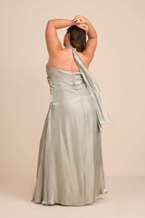 Canley Sage Satin Cross-Front Halter Maxi Dress
