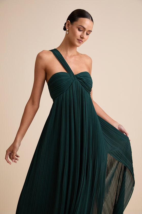 Cayton Emerald Pleated One-Shoulder Maxi Dress