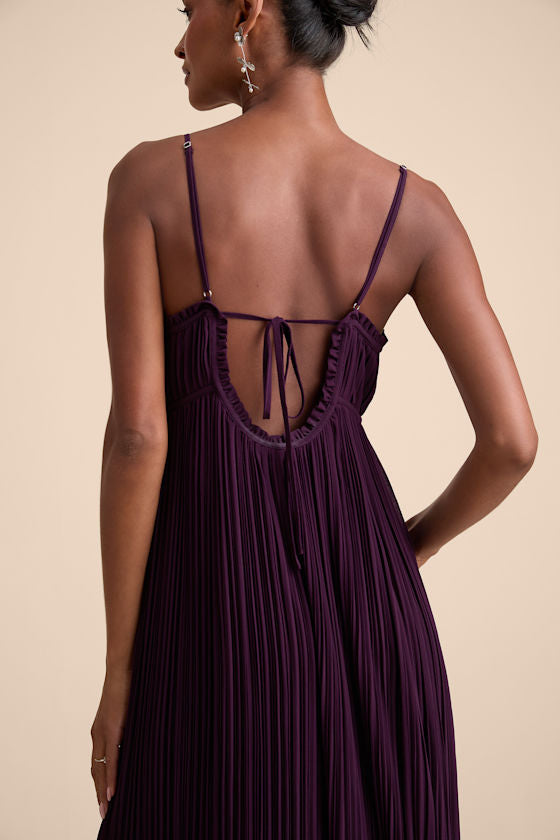 Delina Plum Plisse Chiffon Tie-Back Maxi Dress