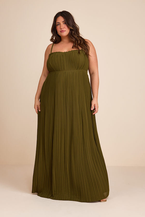 Delina Olive Plisse Chiffon Tie-Back Maxi Dress