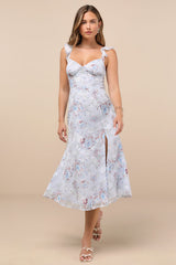 Delightful Direction Blue Floral Ruffled Tie-Strap Midi Dress