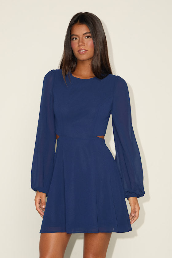 Garden Bliss Dark Blue Long Sleeve Cutout Mini Dress