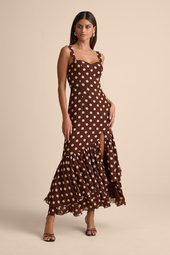 Raynelle Brown Polka Dot Lace-Up Tiered Maxi Dress