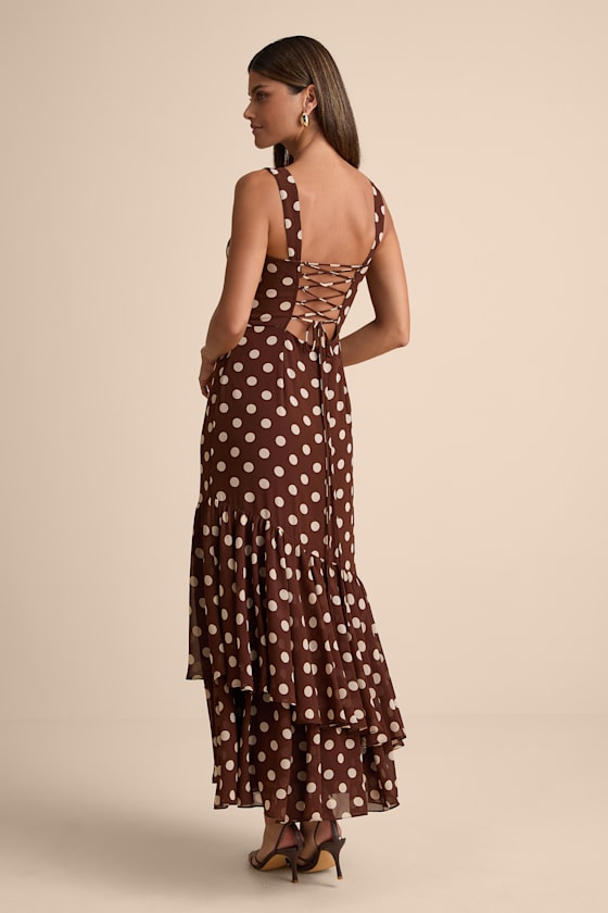 Raynelle Brown Polka Dot Lace-Up Tiered Maxi Dress