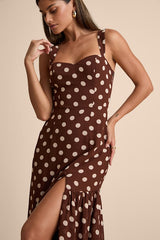 Raynelle Brown Polka Dot Lace-Up Tiered Maxi Dress