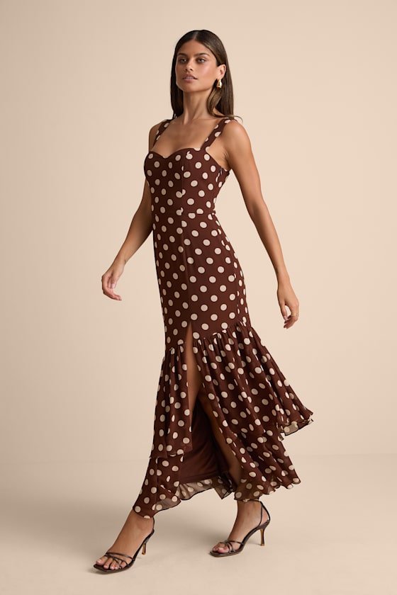 Raynelle Brown Polka Dot Lace-Up Tiered Maxi Dress