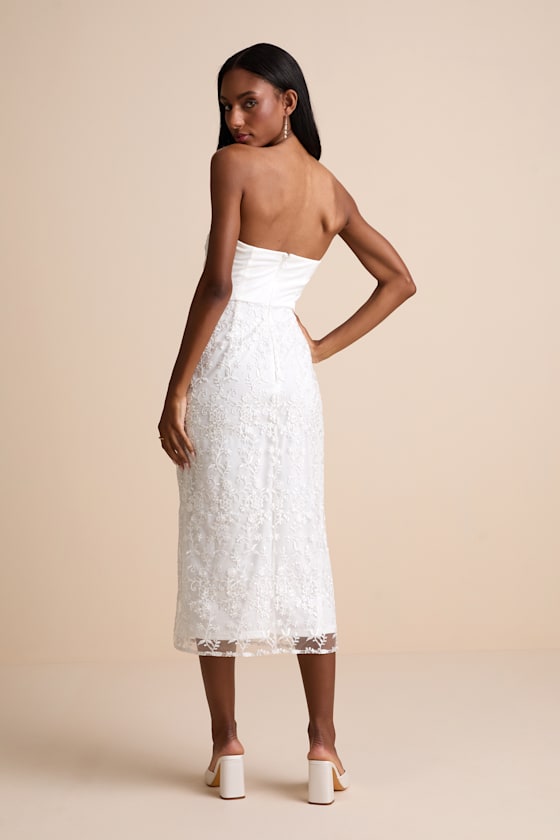 Tera White Floral Embroidered Strapless Midi Dress