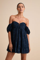 Cutest Icon Navy Embroidered Off-the-Shoulder Mini Dress